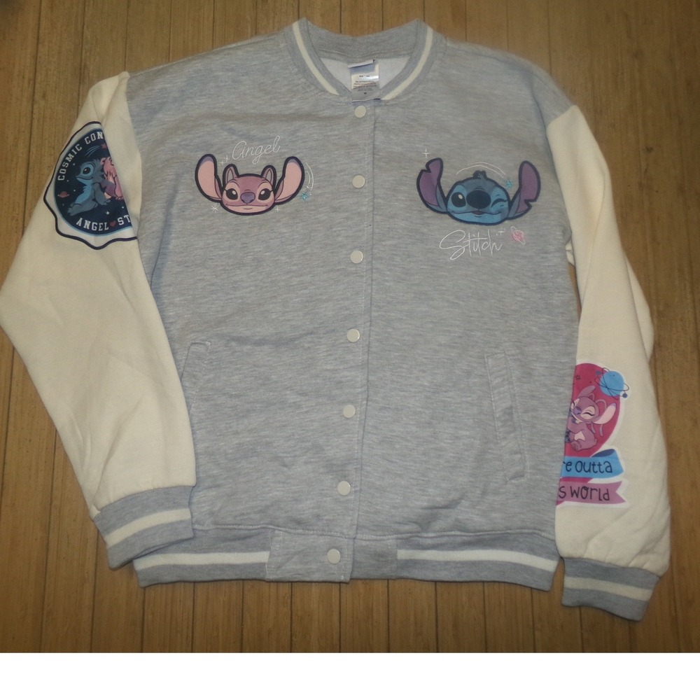 Disney Lilo & Stitch Women's Med Angel Ohana Varsity Bomber Jacket Grey Cream